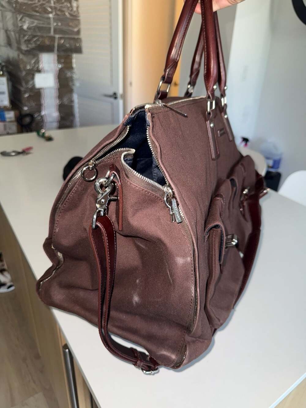 Hook & Albert Canvas Leather Trim Garment Weekender Duffel Bag Maroon Red - Picture 2 of 8